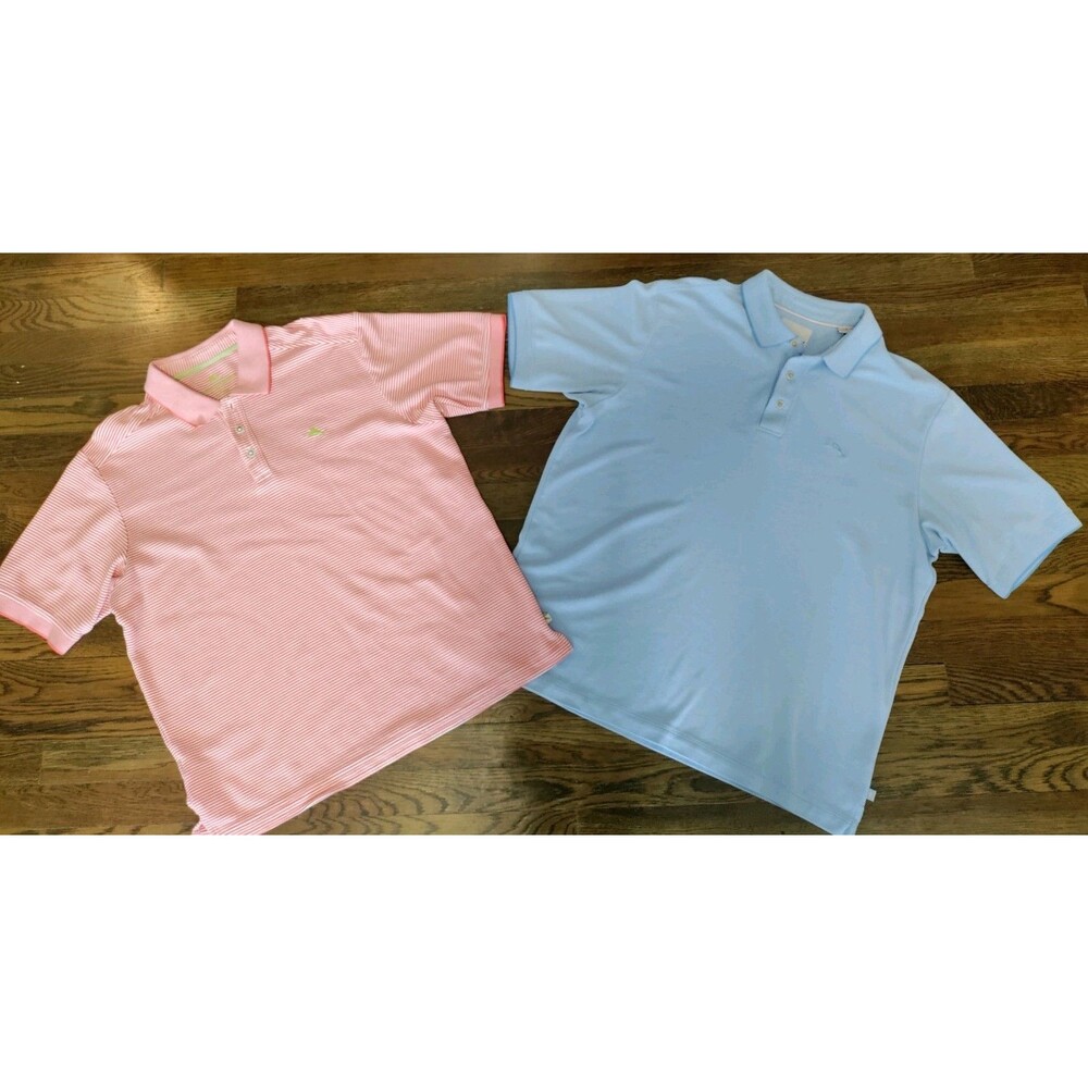 Tommy Bahama Polos Men's Size Large Cotton Blend Golf Shirt Coral Striped/Blue